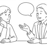 テーブル越しに向かい合って会話する男女を描いた横長の線画イラスト（婚活相談のイメージ）