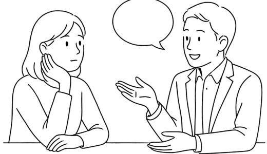 テーブル越しに向かい合って会話する男女を描いた横長の線画イラスト(婚活相談のイメージ)