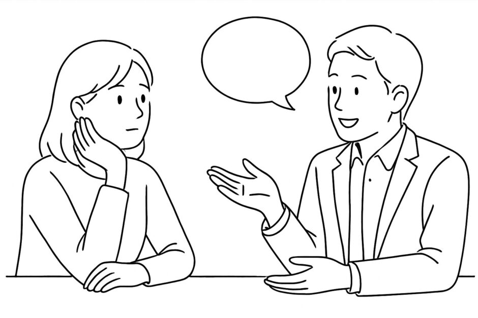 テーブル越しに向かい合って会話する男女を描いた横長の線画イラスト（婚活相談のイメージ）