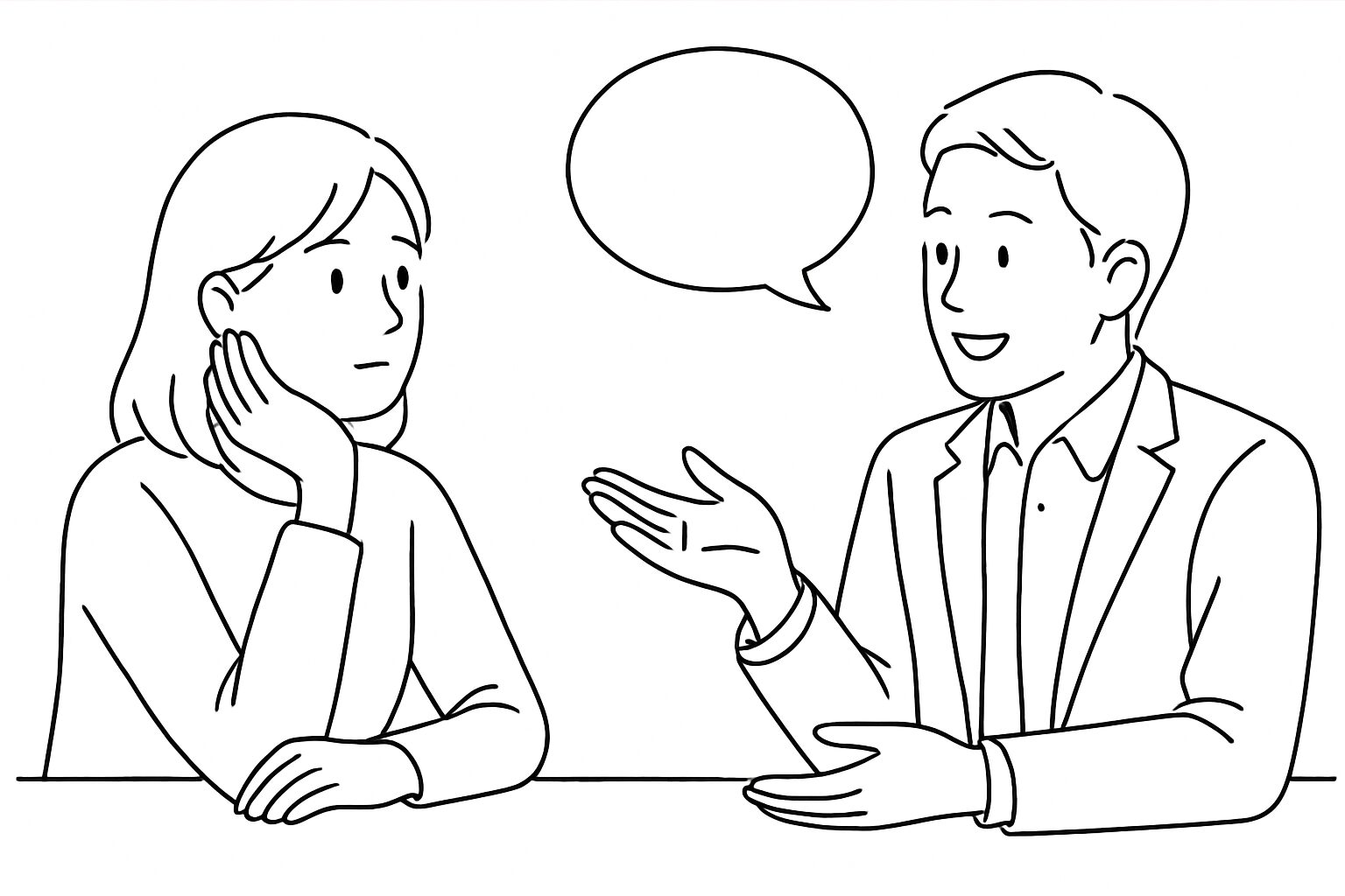 テーブル越しに向かい合って会話する男女を描いた横長の線画イラスト(婚活相談のイメージ)