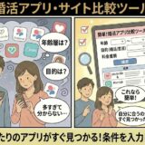 料金や年齢層などアプリが多すぎて選べない男女が、アドバイザーから条件入力で自分にぴったりのアプリがすぐ見つかる「比較ツール」を紹介され、簡単に比較できて喜んでいるイラスト（AI生成イメージ）