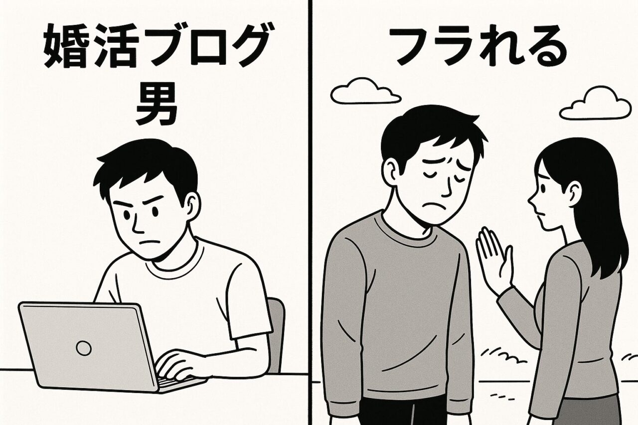 婚活ブログを書く男性と、その後フラれる男性の様子を描いた2コマの線画イラスト。左はパソコンに向かう真剣な表情の男性、右は女性に別れを告げられて落ち込む姿が表現されている。