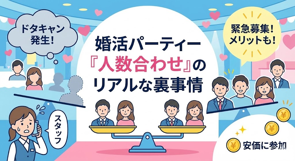 婚活パーティーで発生する人数合わせの裏事情と、優良業者と悪質業者の決定的な違いを解説した図解（AI生成イメージ）