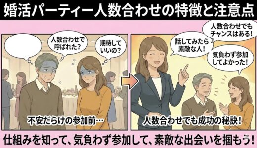 婚活パーティーの人数合わせの特徴と注意点を解説したアイキャッチ画像（AI生成イメージ）