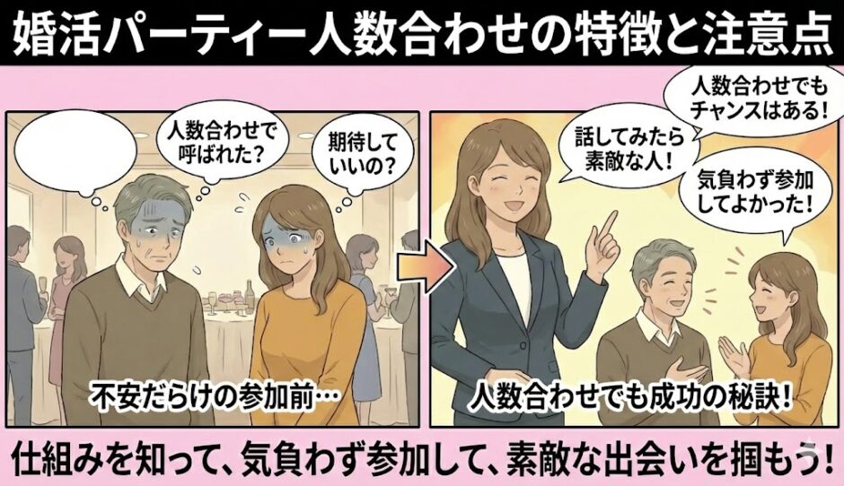 婚活パーティーの人数合わせの特徴と注意点を解説したアイキャッチ画像（AI生成イメージ）