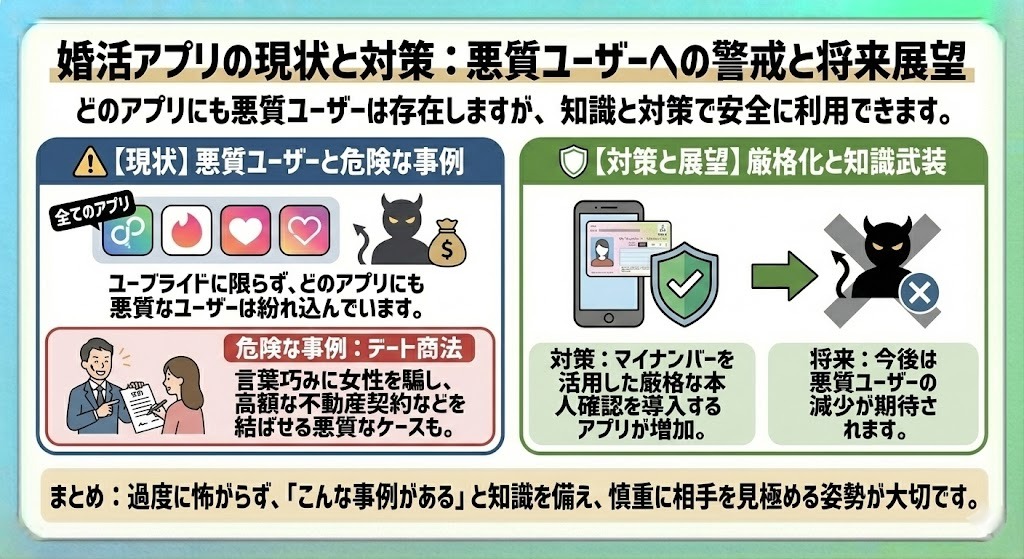 婚活アプリに潜む悪質ユーザーへの警戒を説明した図解