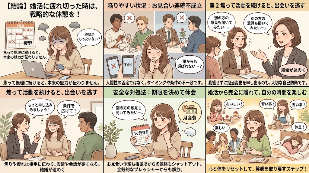 結婚相談所の婚活疲れに効く、戦略的な休会とリフレッシュ法を解説するインフォグラフィック。原因（お見合い不成立、焦り）と、期限付き休会、自分の時間を楽しむ対処法を説明（AI生成イメージ）