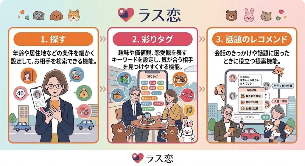 マッチングアプリ「ラス恋(拉斯恋)」の主要機能紹介インフォグラフィック。40代・50代・60代の大人世代向けに、1.詳細条件での「探す」機能、2.趣味や価値観で繋がる「彩りタグ」機能、3.会話に困らない「話題のレコメンド」機能の3つの特徴を分かりやすく図解している。ラス恋のロゴと、落ち着いた雰囲気の男女キャラクターが描かれている。(AI生成イメージ)