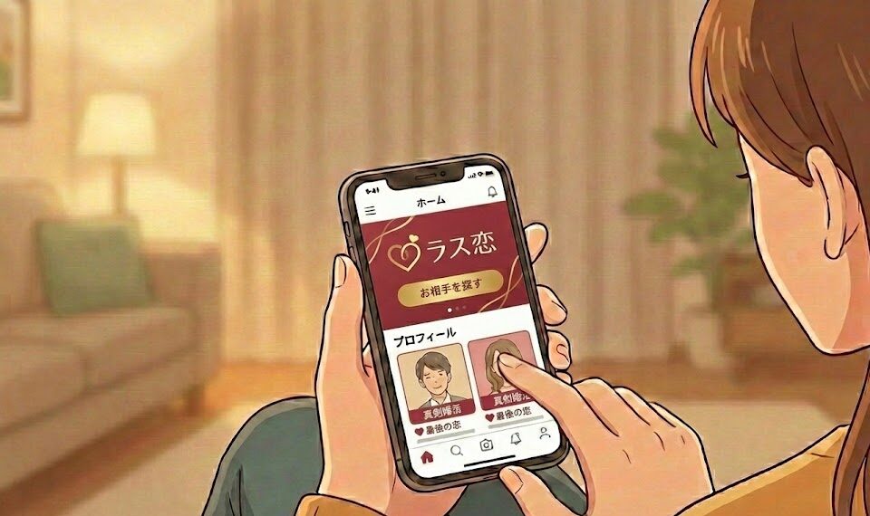 スマホで婚活アプリ「ラス恋」のプロフィール画面を操作している手元のイラスト（AI生成イメージ）