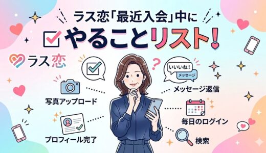 マッチングアプリ「ラス恋」の初心者向け記事のアイキャッチ画像。タイトルは「ラス恋『最近入会』中にやることリスト！」（AI生成イメージ）