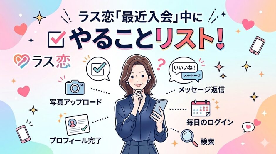 マッチングアプリ「ラス恋」の初心者向け記事のアイキャッチ画像。タイトルは「ラス恋『最近入会』中にやることリスト！」（AI生成イメージ）