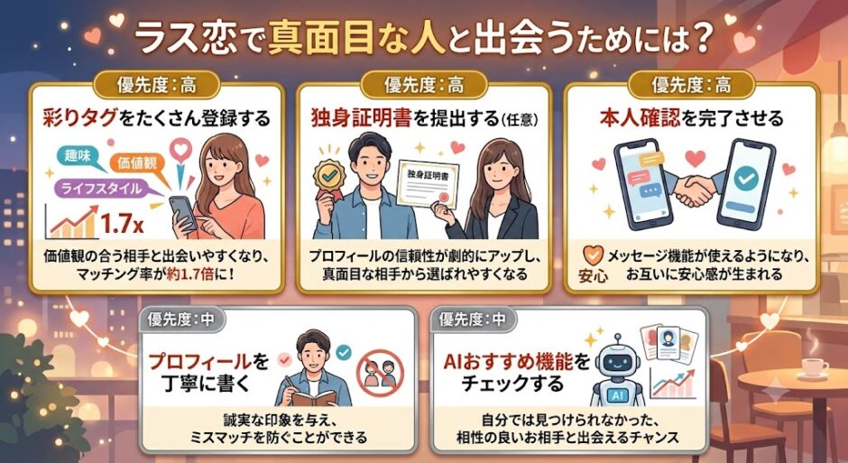 マッチングアプリ「ラス恋（ラスト・ラブ）」に関するインフォグラフィック形式のアイキャッチ画像（AI生成イメージ）