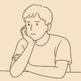 婚活中に不安そうに考え込む若い男性の線画イラスト