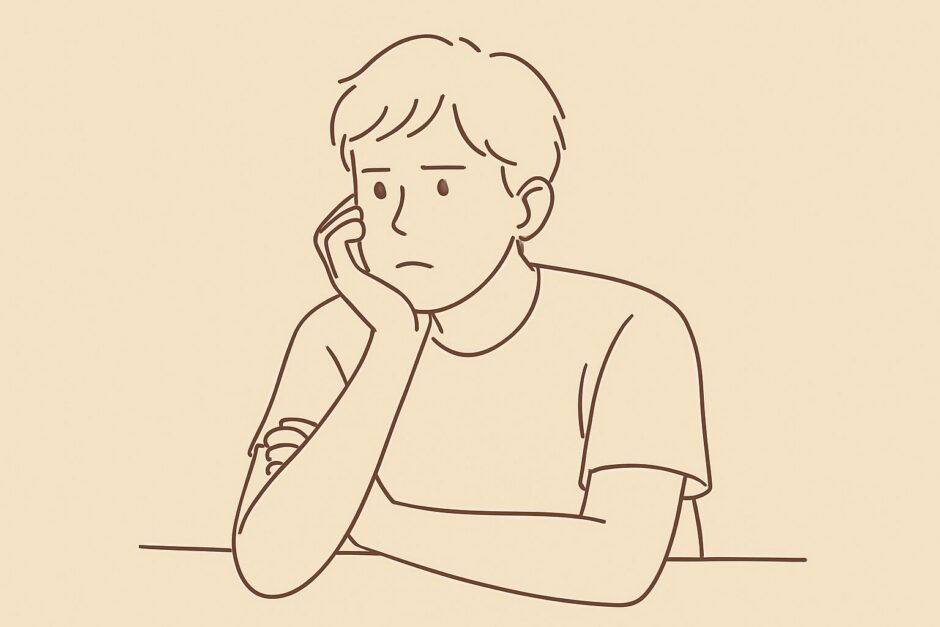 婚活中に不安そうに考え込む若い男性の線画イラスト