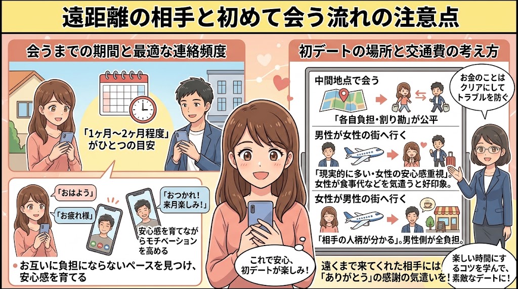 遠距離恋愛の相手と初めて会うまでの流れと注意点を解説するインフォグラフィック（AI生成イメージ）
