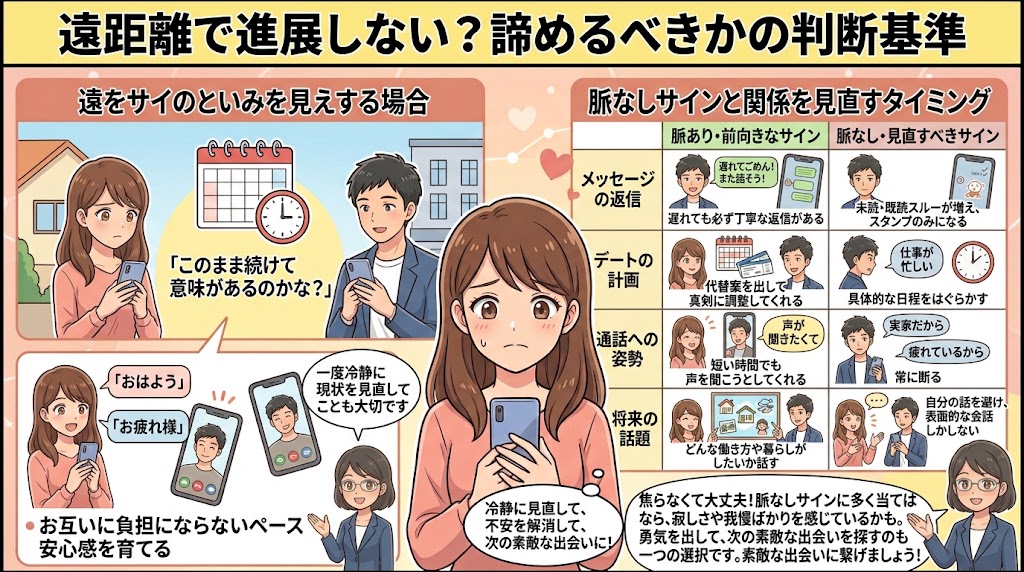 遠距離恋愛を諦めるべきかの判断基準を解説するインフォグラフィック（AI生成イメージ）