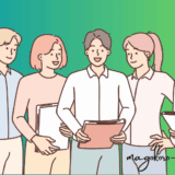 真心マッチ編集部のメンバー全員で婚活に関する情報を話し合っている職場のイメージイラスト
