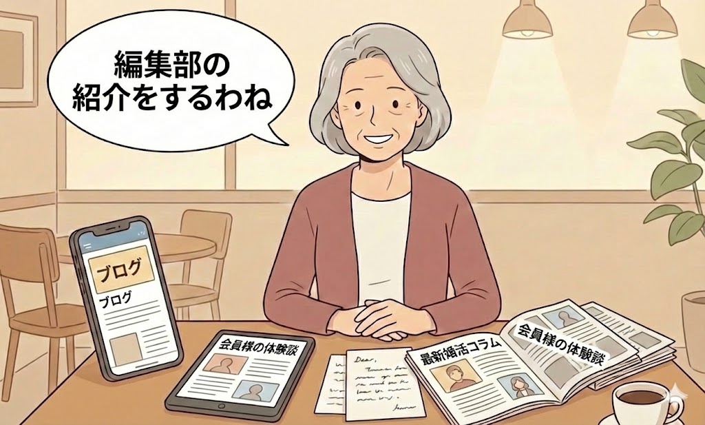 「編集部の紹介をするわね」と語りかけ、真心マッチの運営メンバーや専門家チームを紹介している様子（AI生成イメージ）