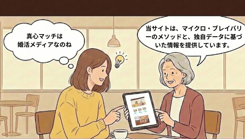 婚活メディア「真心マッチ」のトップページ。再婚や真剣な出会いをサポートする独自のメソッドをタブレットで解説する女性二人のイラスト（AI生成イメージ）