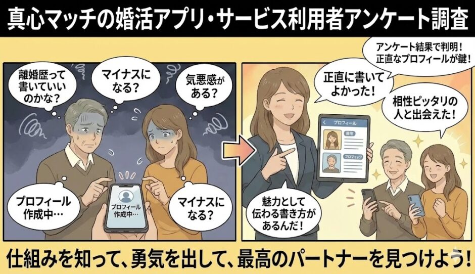 真心マッチによる婚活アプリ・サービス利用者アンケート調査のアイキャッチ画像。離婚歴の記入に悩む男女が、正直なプロフィールで理想のパートナーに出会えた様子を描いたビフォーアフターのイラスト（AI生成イメージ）