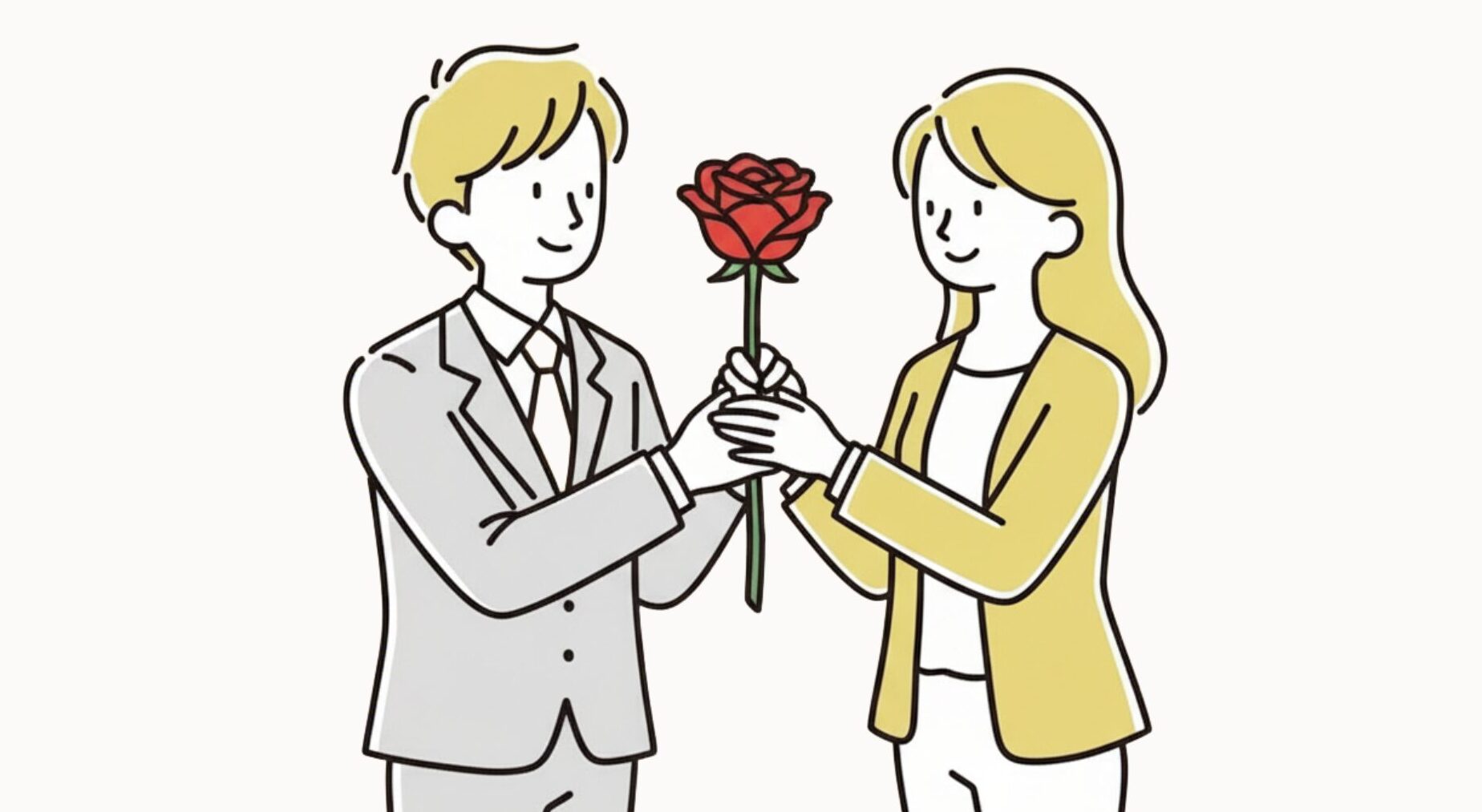 一輪のバラを手にする男女のイラスト
