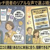 「真心マッチ」の読者から寄せられたリアルな評判や口コミを知りたいと悩む男女に対し、アドバイザーがアンジュやユーブライドなどの実例を元に、信頼できる情報を紹介して安心させているイラスト（AI生成イメージ）