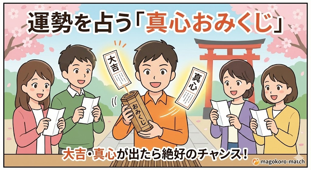 運勢を占う「真心おみくじ」のイラスト。おみくじ箱を振って「大吉」や特別な「真心」の結果が出ている様子。今日の恋愛運や総運を試し、婚活や出会いに向けた前向きなアドバイスを受け取るためのコンテンツ