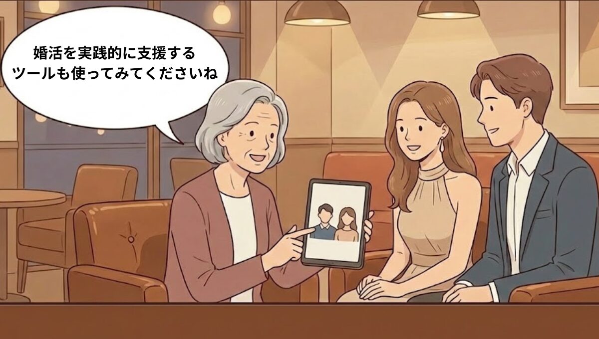 再婚や真剣な出会いをサポートする婚活ツールをタブレットで解説する女性と男性のイラスト