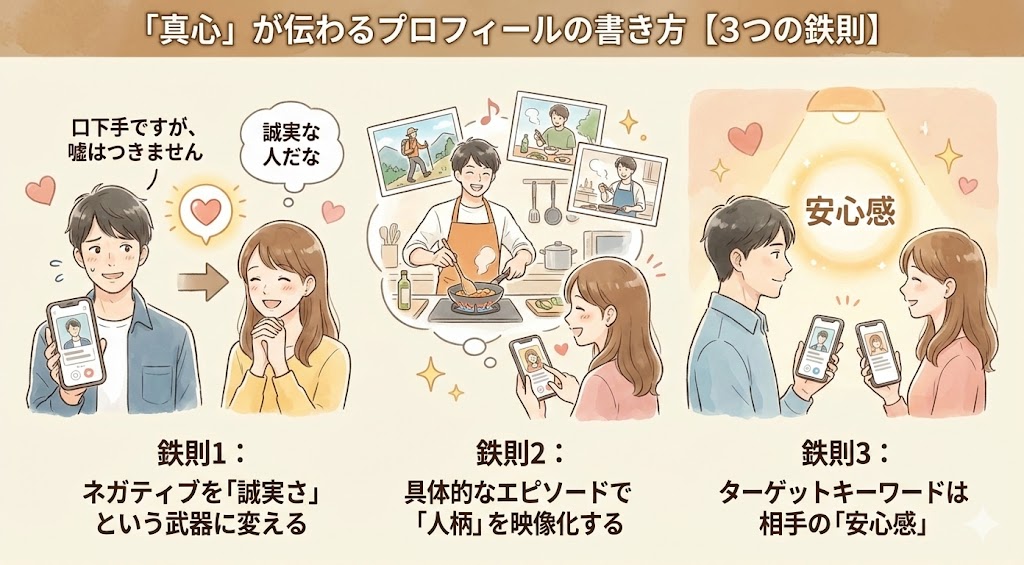 『真心』が伝わるプロフィールの書き方【3つの鉄則】」と題された温かい雰囲気のイラスト。スマートフォンを持った男女が描かれ、3つのポイントが視覚的に解説されている。左側の鉄則1は「ネガティブを『誠実さ』という武器に変える」、中央の鉄則2は「具体的なエピソードで『人柄』を映像化する」、右側の鉄則3は「ターゲットキーワードは相手の『安心感』」となっており、それぞれの状況を示すイラストとテキストが添えられている。（AI生成イメージ）