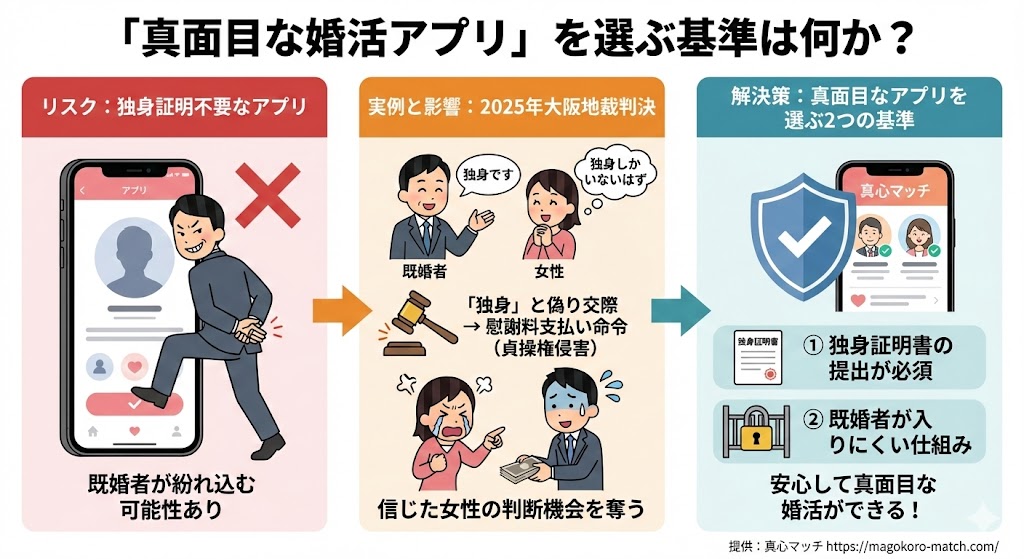 真面目な婚活アプリを選ぶ基準は何か？を具体的に説明した図解