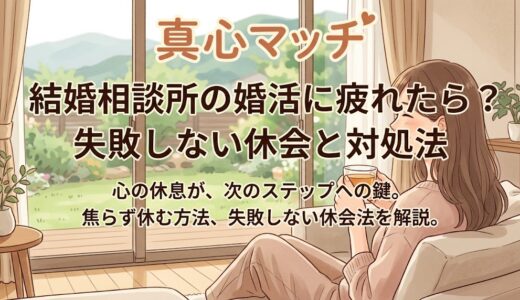 ソファに座り窓の外を眺める女性のイラスト。上部に『真心マッチ』のロゴ。中央と下部に『結婚相談所の婚活に疲れたら？ 失敗しない休会と対処法』『心の休息が、次のステップへの鍵。焦らず休む方法、失敗しない休会法を解説。』のテキスト（AI生成イメージ）