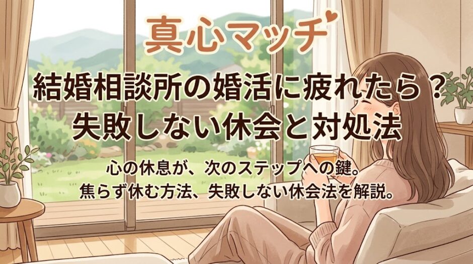 ソファに座り窓の外を眺める女性のイラスト。上部に『真心マッチ』のロゴ。中央と下部に『結婚相談所の婚活に疲れたら？ 失敗しない休会と対処法』『心の休息が、次のステップへの鍵。焦らず休む方法、失敗しない休会法を解説。』のテキスト（AI生成イメージ）