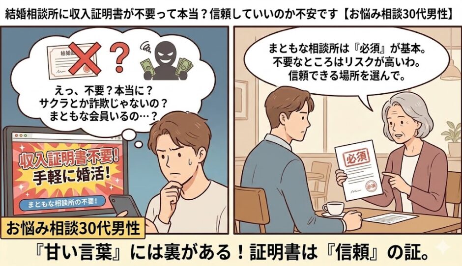 結婚相談所で収入証明書が不要な場合のリスクや詐欺を疑う30代男性の相談イラスト【2コマ漫画アイキャッチ】（AI生成イメージ）