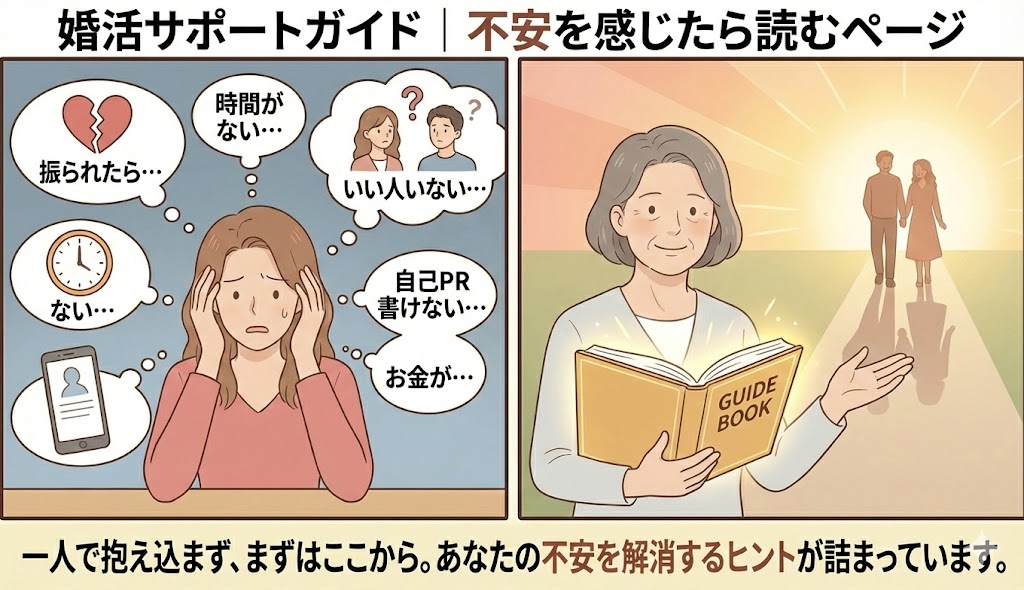 婚活の様々な不安（振られる、時間がない、お金等）に頭を抱える女性に、カウンセラーが解決のヒントが詰まった光るガイドブックを示すイラスト【婚活サポートガイドアイキャッチ】