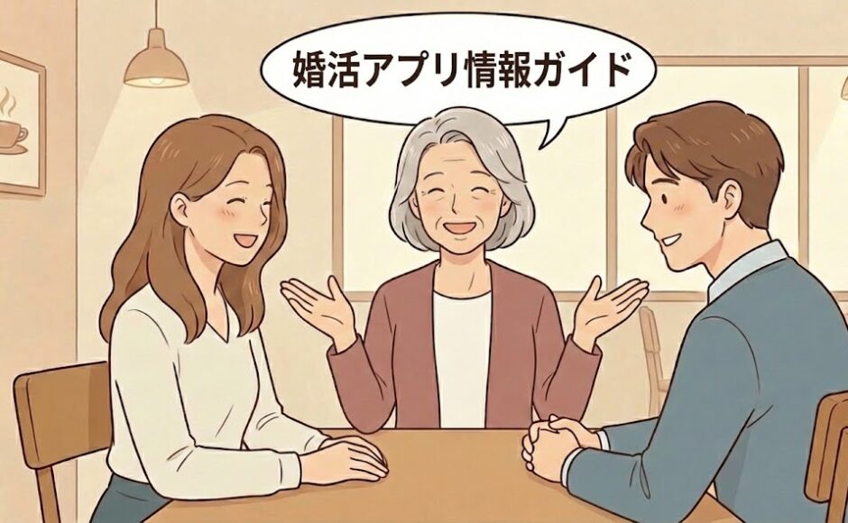 「婚活アプリ情報ガイド」という見出しと共に、真剣な出会いを探す男女と、それを案内するように手を広げる相談員のイラスト【婚活アプリ総合案内アイキャッチ】（AI生成イメージ）