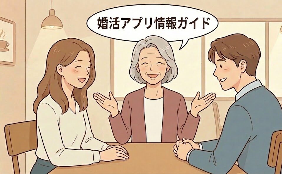 「婚活アプリ情報ガイド」という見出しと共に、真剣な出会いを探す男女と、それを案内するように手を広げる相談員のイラスト【婚活アプリ総合案内アイキャッチ】（AI生成イメージ）