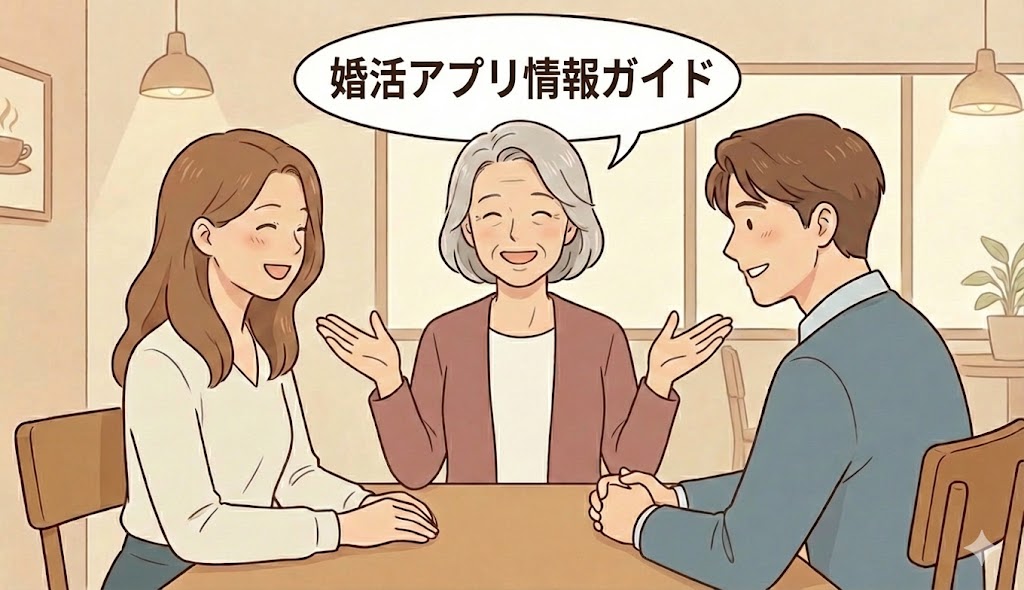 「婚活アプリ情報ガイド」という見出しと共に、真剣な出会いを探す男女と、それを案内するように手を広げる相談員のイラスト【婚活アプリ総合案内アイキャッチ】