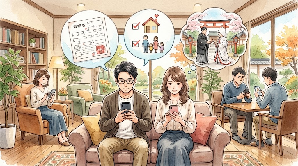 婚活向けマッチングアプリのイメージイラスト。落ち着いたラウンジでスマートフォンを使い、将来を見据えた真剣な出会いを探す30代以上の男女。独身証明書や結婚式のイメージが描かれている（AI生成イメージ）
