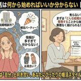 「婚活は何から始めればいい？」とアプリや結婚相談所など溢れる情報に混乱して目が回っている女性と、まずは自分の結婚観を整理するステップを教える相談員のイラスト【婚活初心者向けアイキャッチ】（AI生成イメージ）