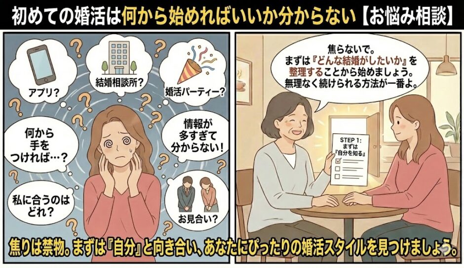 「婚活は何から始めればいい？」とアプリや結婚相談所など溢れる情報に混乱して目が回っている女性と、まずは自分の結婚観を整理するステップを教える相談員のイラスト【婚活初心者向けアイキャッチ】（AI生成イメージ）