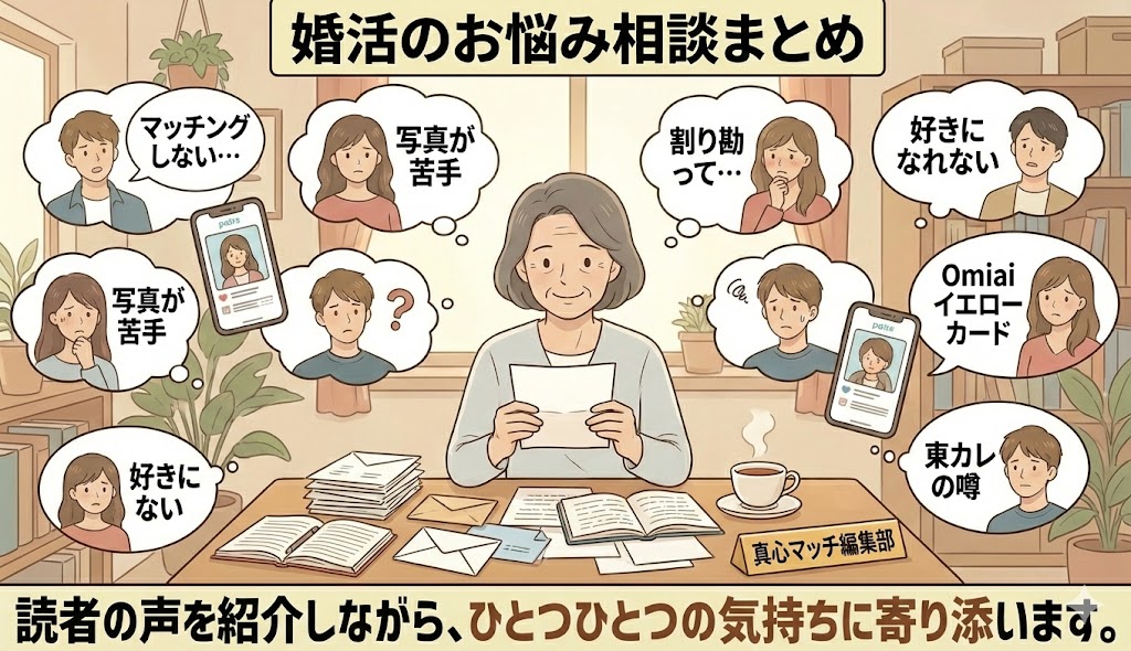 真心マッチ編集部に寄せられた読者の切実な婚活相談（アプリの割り勘、写真問題、ときめきがない等）を読み解くカウンセラーのイラスト【お悩み相談まとめアイキャッチ】