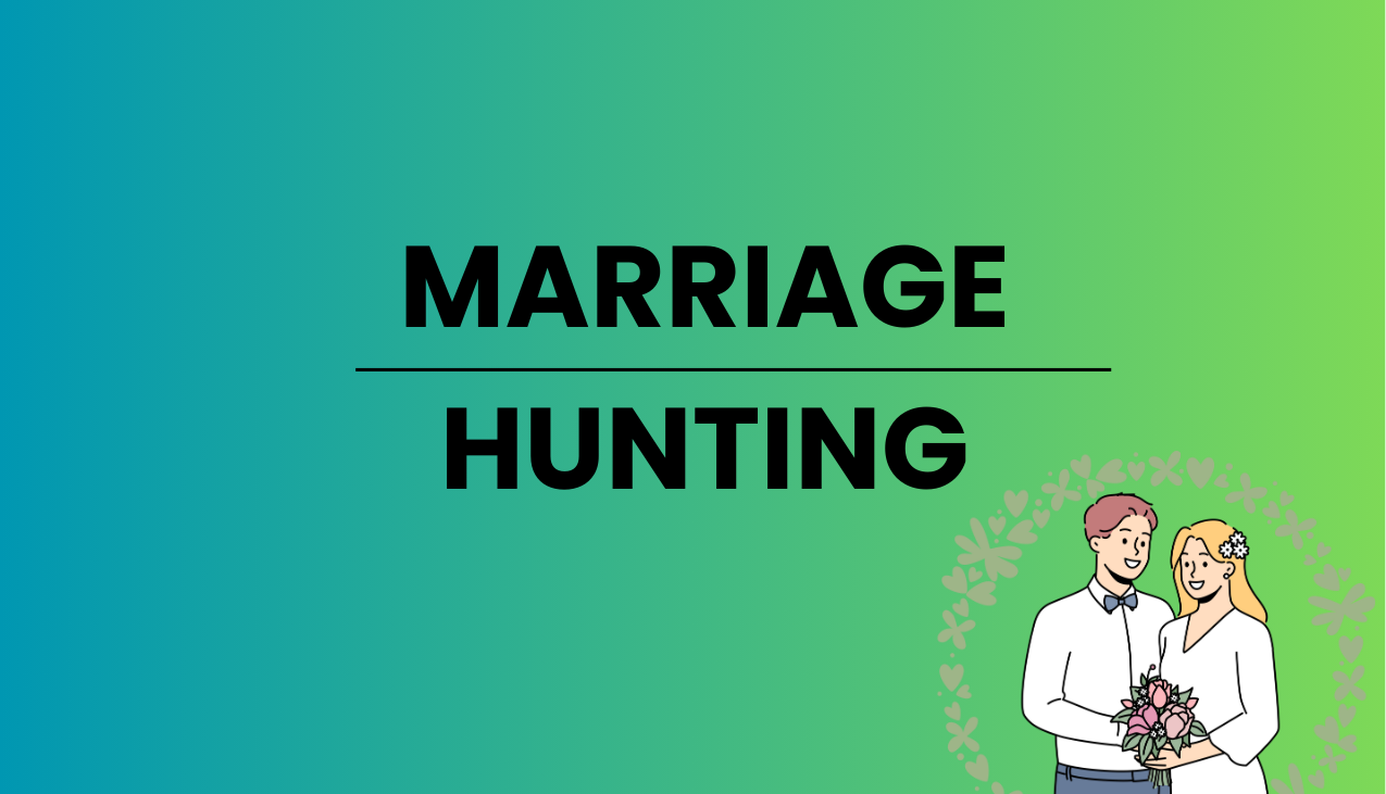 「MARRIAGE HUNTING」婚活で失敗しないための3つの特設ページを男女が案内するイラスト