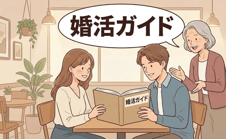 「婚活ガイド」というタイトルで、若い男女が相談員と一緒に大きなガイドブックを開き、婚活の基礎知識やノウハウを学んでいるイラスト【婚活総合案内アイキャッチ】（AI生成イメージ）