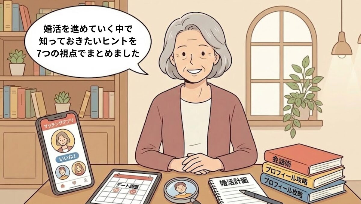 婚活の成功に必要な入り口を用意した総合ガイドを紹介する婚活アドバイザーのイラスト