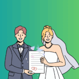 婚姻届を手に持って笑顔の男女のイラスト