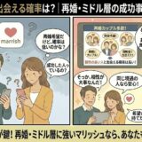 婚活アプリ「マリッシュ」での出会いの確率について、「本当に自分に合う人がいるのか？」「再婚だと確率が低いのでは？」と不安を抱く男女に対し、アドバイザーが「相性の良さ」が鍵であり、再婚・ミドル層の同世代カップルが多数いることを成功事例から解説しているイラスト（AI生成イメージ）