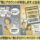 マリッシュの新規登録時に「既にアカウントが存在します」と表示され、「乗っ取り？」「登録した覚えがない」と困惑する男女に対し、アドバイザーが過去の登録忘れの可能性や、ログイン・パスワード再設定などの対処法を解説して安心させているイラスト（AI生成イメージ）