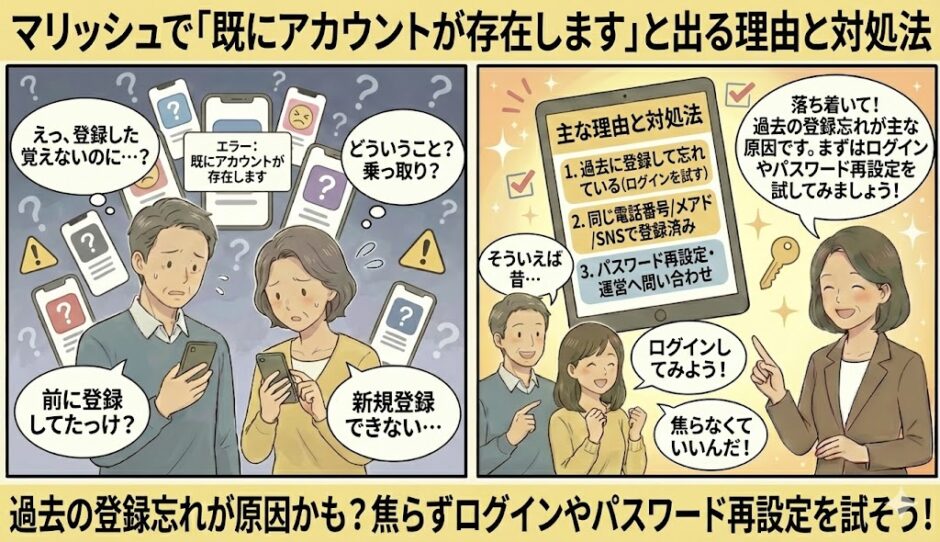 マリッシュの新規登録時に「既にアカウントが存在します」と表示され、「乗っ取り？」「登録した覚えがない」と困惑する男女に対し、アドバイザーが過去の登録忘れの可能性や、ログイン・パスワード再設定などの対処法を解説して安心させているイラスト（AI生成イメージ）