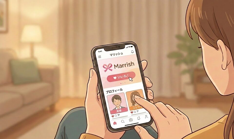 スマホで婚活アプリ「マリッシュ」のプロフィール画面を操作している手元のイラスト（AI生成イメージ）
