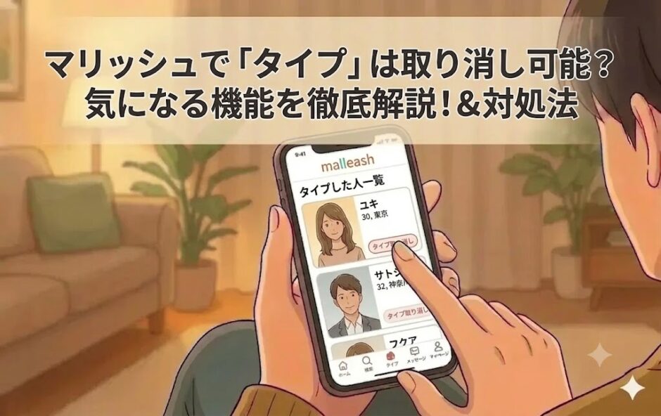 マッチングアプリ「マリッシュ」で「タイプ」機能の取り消しについて解説する記事のアイキャッチ（AI生成イメージ）